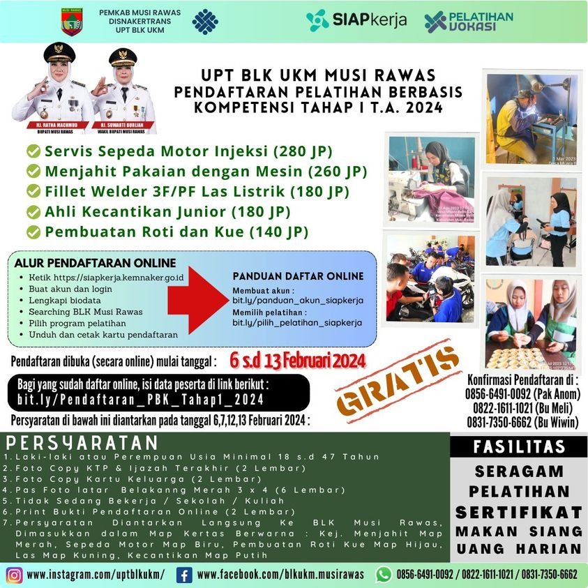 Telah Dibuka Pelatihan Berbasis Kompetensi Tahap I T.A 2024 UPT BLK Musi Rawas