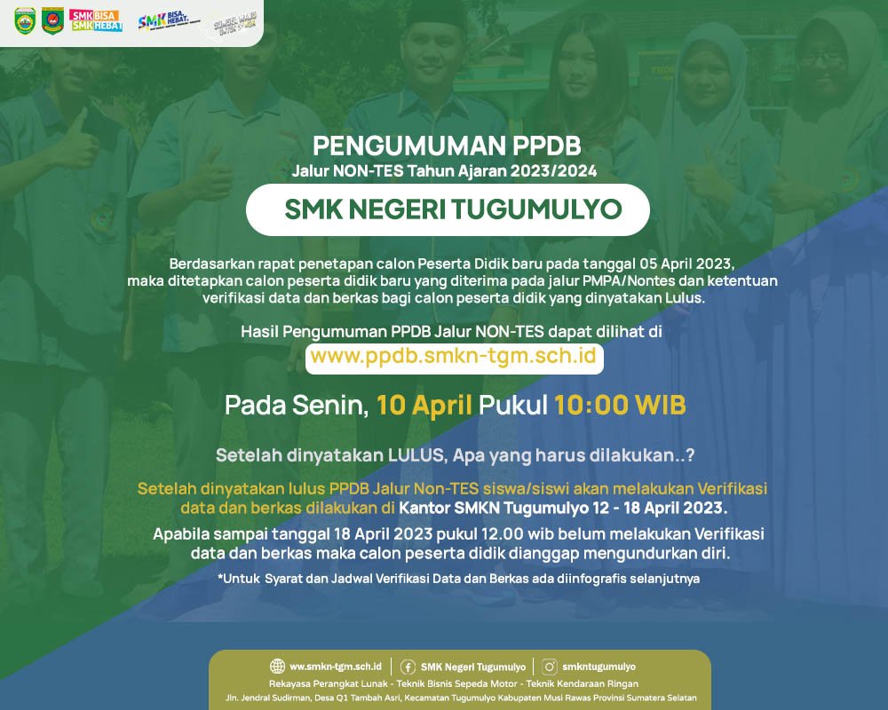 Pengumuman Hasil PPDB Jalur Non-TES dan Syarat Verifikasi Data dan Berkas